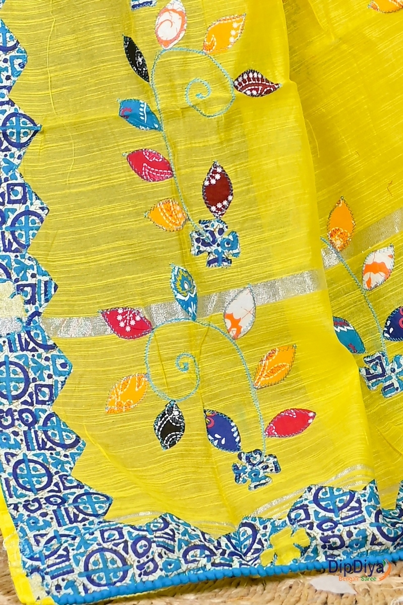 Yellow Cotton Blended Parik Applique Saree (330)